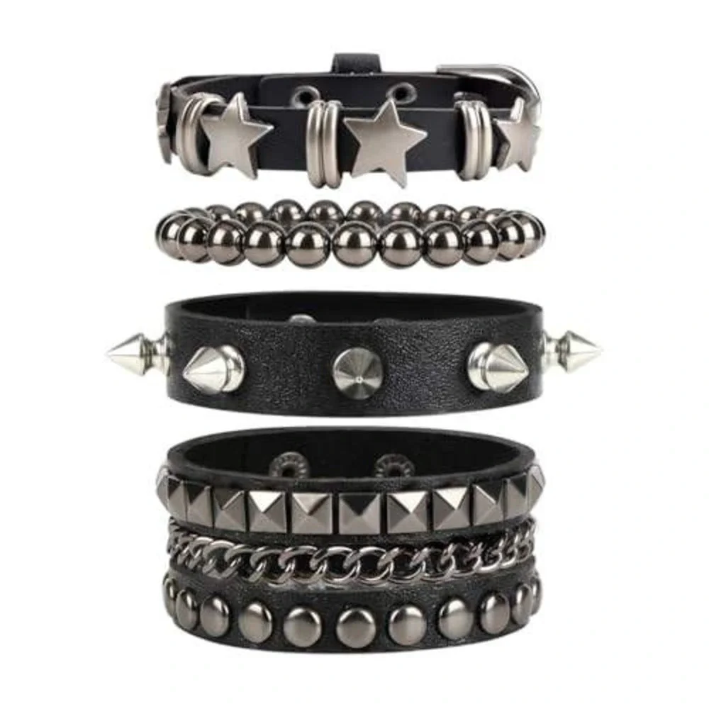 4Pc Punk Rock Studded Bracelet Set Black Faux‎ Leather Spiked Star Goth Grunge